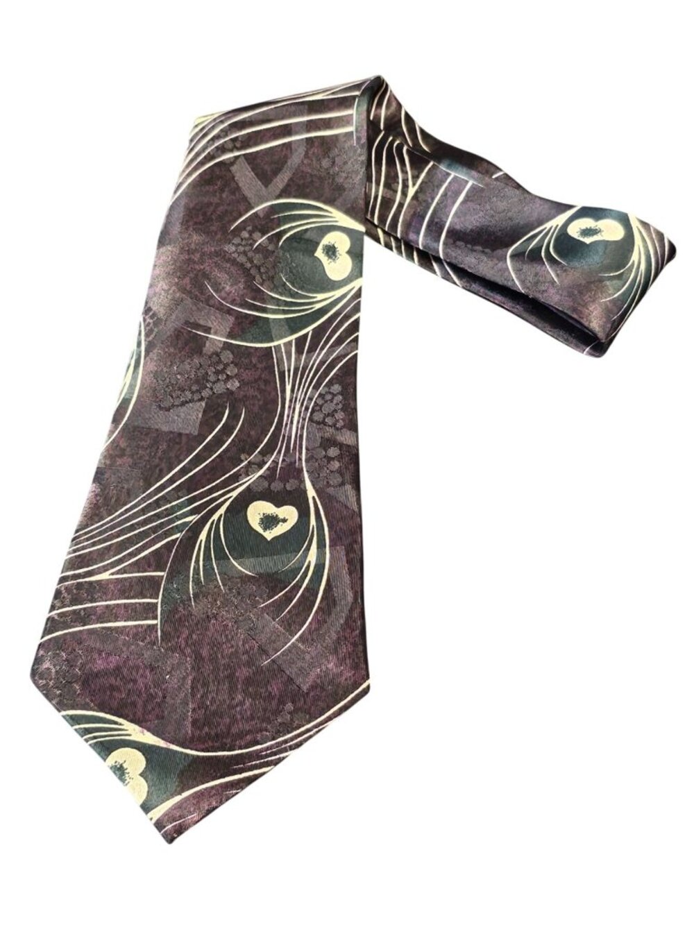 Vintage Bossanoba Silk Tie With Purple & Cream Abstract Floral and Heart Design - Picture 1 of 10